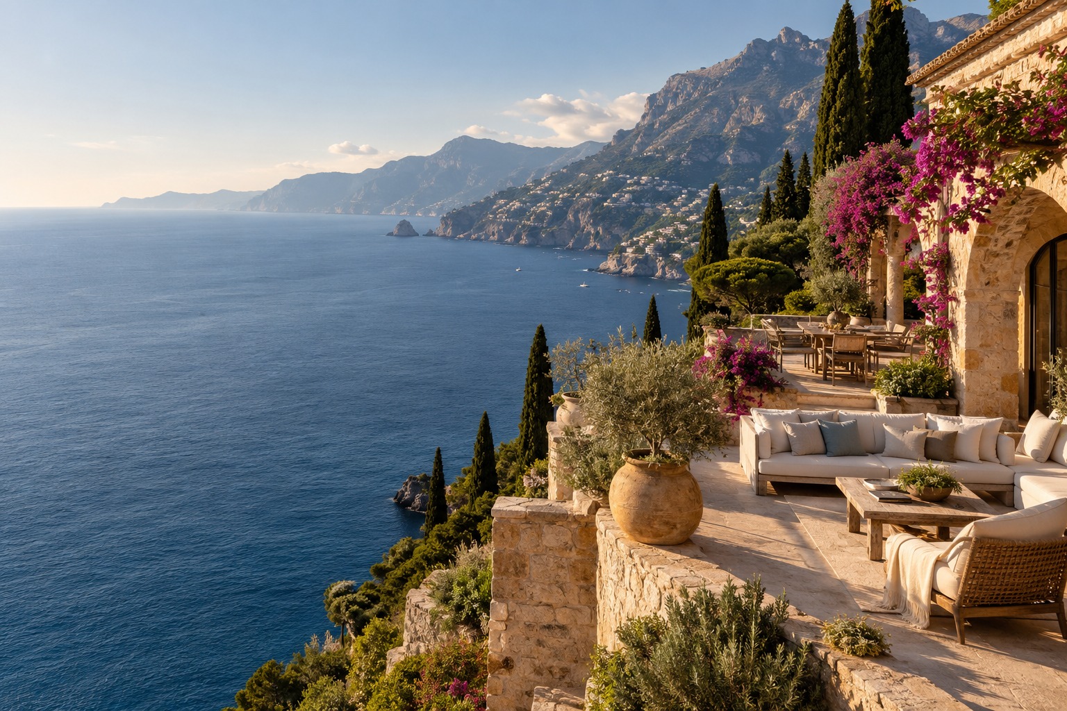 An imagined Mediterranean villa terrace overlooking the sea